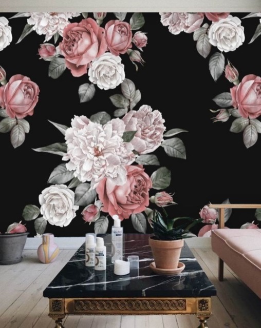 Black Wall Mural With Pink White Flowers, Removable Peel & Stick Prepasted Wallpaper, Dramatic Decor, Renter Friendly For Bathroom - image 1