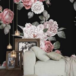 Black Wall Mural With Pink White Flowers, Removable Peel & Stick Prepasted Wallpaper, Dramatic Decor, Renter Friendly For Bathroom - thumbnail 3