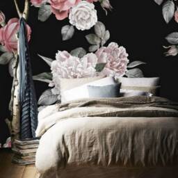 Black Wall Mural With Pink White Flowers, Removable Peel & Stick Prepasted Wallpaper, Dramatic Decor, Renter Friendly For Bathroom - thumbnail 2