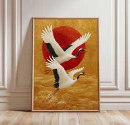 Japanese Crane Poster - Red Sun & Golden Waves Wall Art, Traditional Style Bird Print, Unframed Oriental Decor - thumbnail 1