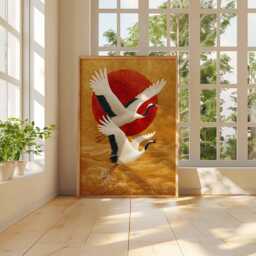 Japanese Crane Poster - Red Sun & Golden Waves Wall Art, Traditional Style Bird Print, Unframed Oriental Decor - thumbnail 3