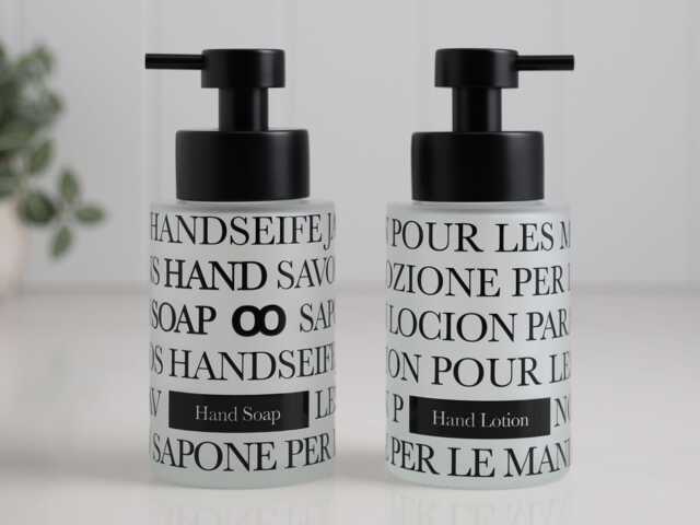 Set Of 2 Frosted Glass Hand Soap & Lotion Dispensers 250Ml With Black Stainless Steel Pumps Text Wrap - image 1