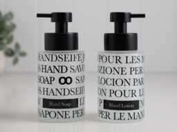 Set Of 2 Frosted Glass Hand Soap & Lotion Dispensers 250Ml With Black Stainless Steel Pumps Text Wrap - thumbnail 1