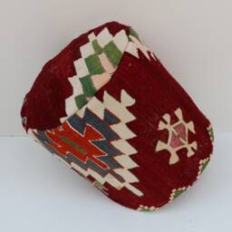 Handmade Kilim Pouf Cover - Red Turkish Wool, 18x18 - thumbnail 2