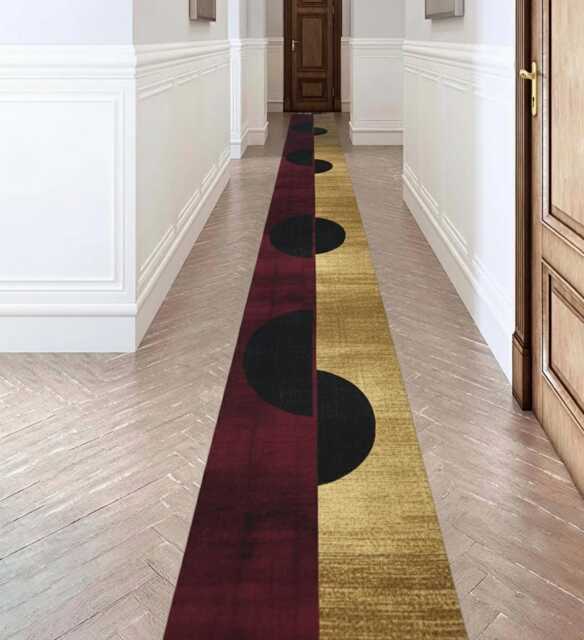 Modern Hallway Runner Rug - Geometric Black Circle Design, Burgundy & Gold Accent - image 1