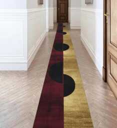 Modern Hallway Runner Rug - Geometric Black Circle Design, Burgundy & Gold Accent - thumbnail 1