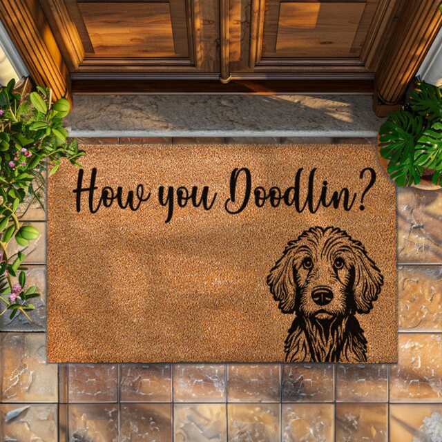 Custom Doodle Dog Doormat With Cute Saying, How You Doodlin, Door Mat, Goldendoodle Owner Gift, Labradoodle Gift - image 1