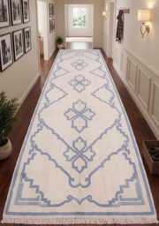 Modern Ivory Oushak Wool Rug - Hand Knotted Turkish Carpet Decor - 2.6x8 Ft - thumbnail 1