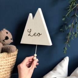 Wooden Musical Mountain Name Wall Hanging - Pull String Music Box New Baby Or Christening Gift Engraved Solid Oak Worldwide Shipping - thumbnail 1
