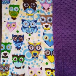 Purple Minky Dot Baby Blanket, Cotton Owls Fabric, Shower Gift - thumbnail 4