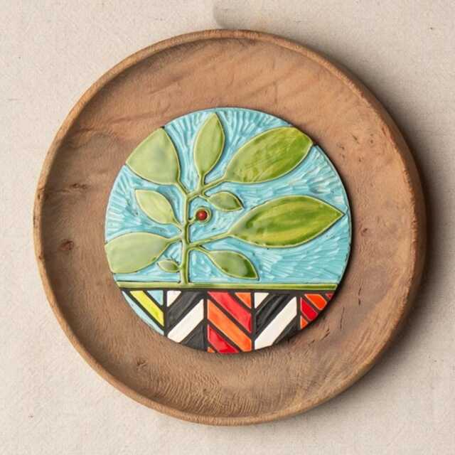 Ceramic Wall Art, Handmade Tile Lacy Frame Green Vine - image 1