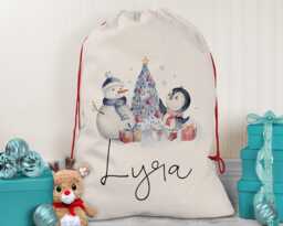 Personalised Large Christmas Snowman & Penguin Sack Name Xmas Stocking Gift Red Drawstring Decoration Sk006