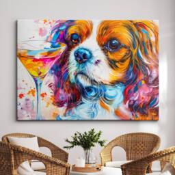 King Charles Spaniel Martini Glass Painting Framed Poster Print & Canvas Wall Decor Art Bar Kitchen Room Dog Gift Pet - thumbnail 1