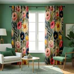 Watercolor Floral Curtains, Pink Ranunculus & Blue Anemone Botanical Drapes, Soft Spring Garden Pattern Curtain Panels - thumbnail 3