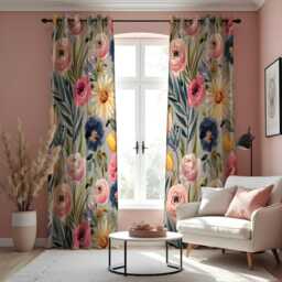 Watercolor Floral Curtains, Pink Ranunculus & Blue Anemone Botanical Drapes, Soft Spring Garden Pattern Curtain Panels
