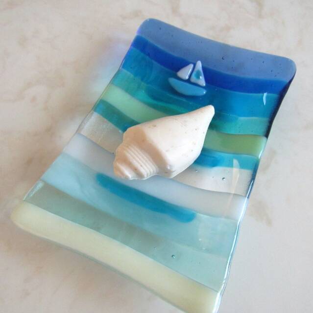 Fused Glass Soap Dish, Ocean Beach Decor, Sea Boat - image 1