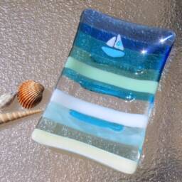 Fused Glass Soap Dish, Ocean Beach Decor, Sea Boat - thumbnail 3