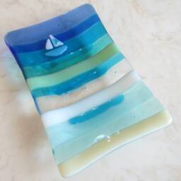 Fused Glass Soap Dish, Ocean Beach Decor, Sea Boat - thumbnail 4