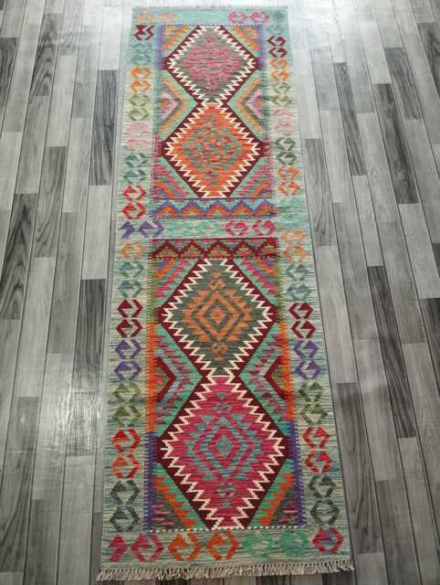 Multicolour Wool Kilim Runner, Handmade Artisan Afghan Turkish Persian Qashqai Moroccan Navajo Flatweave, Natural Rug 243x76 cm - image 1