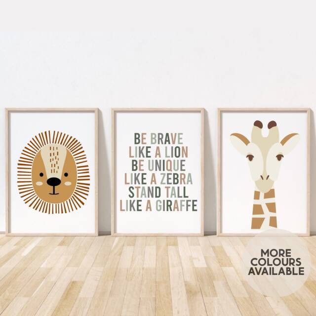 Safari Print Set -- Nursery Prints, Jungle Be Brave Like A Lion, Playroom Decor, Unframed - image 1