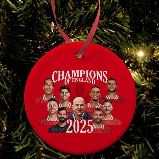 Liverpool Champions Of England 2025 Portrait Design Christmas Tree Decoration Bauble Flat Ceramic Great Gift For Fans