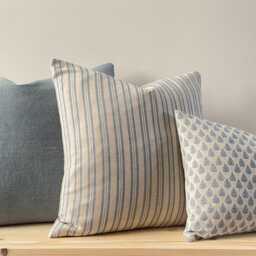 Rowan - Dusky Blue - Leaf Print Linen Modern Farmhouse Cushion Covers - thumbnail 3