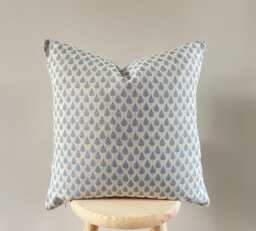 Rowan - Dusky Blue - Leaf Print Linen Modern Farmhouse Cushion Covers