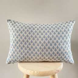Rowan - Dusky Blue - Leaf Print Linen Modern Farmhouse Cushion Covers - thumbnail 2