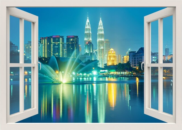 Malaysia Wall Decal, Modern City At Night View 3D Window Sticker Decor