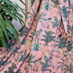 Kantha Stitch Pure Cotton Reversible Bed/Sofa Throw King Size Handmade Floral Dohar Bright Peach Safari Tropical Exotic Forest Animal Tribe - thumbnail 2