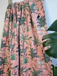Kantha Stitch Pure Cotton Reversible Bed/Sofa Throw King Size Handmade Floral Dohar Bright Peach Safari Tropical Exotic Forest Animal Tribe - thumbnail 1