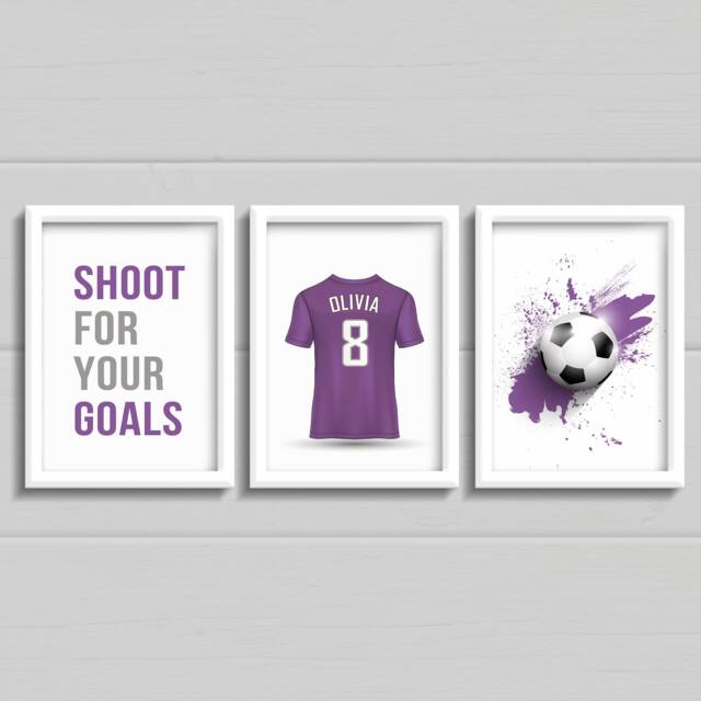 Girls Football Bedroom Prints, Set Of 3 Personalised Footy Shirt With Name & Number, Shoot For Your Goals, Any Colour - image 1