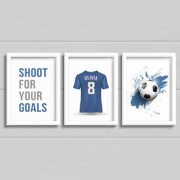 Girls Football Bedroom Prints, Set Of 3 Personalised Footy Shirt With Name & Number, Shoot For Your Goals, Any Colour - thumbnail 3