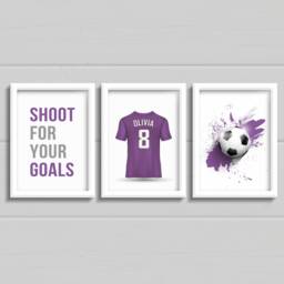 Girls Football Bedroom Prints, Set Of 3 Personalised Footy Shirt With Name & Number, Shoot For Your Goals, Any Colour - thumbnail 1