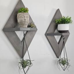 Geometric Diamond Wood Shelf With Air Plant Holder, Boho Wall Decor - thumbnail 2