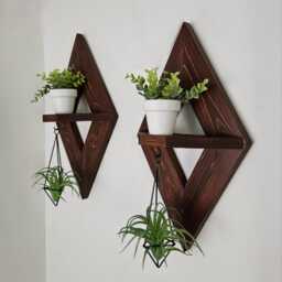 Geometric Diamond Wood Shelf With Air Plant Holder, Boho Wall Decor - thumbnail 3