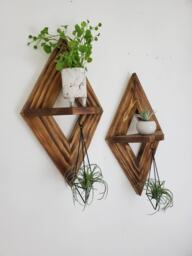 Geometric Diamond Wood Shelf With Air Plant Holder, Boho Wall Decor - thumbnail 1