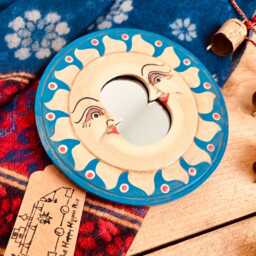 Celestial Moon Mini Wooden Mirror, Round Handmade Blue & Gold Moon, Fair Trade, Ethically Sourced Boho Hippie Home Mirror - thumbnail 2