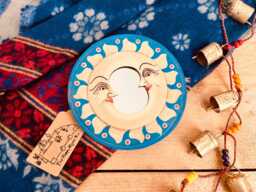 Wooden Mirror Celestial Moon Design, Mini Round Handmade Blue & Gold Mirror, Fair Trade, Ethically Sourced Boho Hippie Home