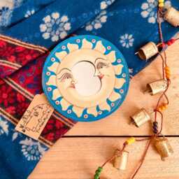 Wooden Mirror Celestial Moon Design, Mini Round Handmade Blue & Gold Mirror, Fair Trade, Ethically Sourced Boho Hippie Home - thumbnail 4