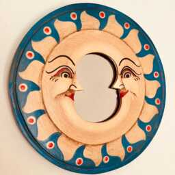 Celestial Moon Mini Wooden Mirror, Round Handmade Blue & Gold Moon, Fair Trade, Ethically Sourced Boho Hippie Home Mirror - thumbnail 3