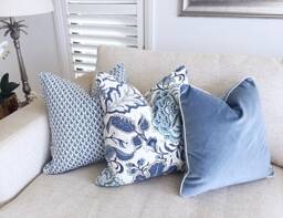 Linen Floral Hamptons Style Pillow Cover Blue & White Decorative Cushion - thumbnail 1