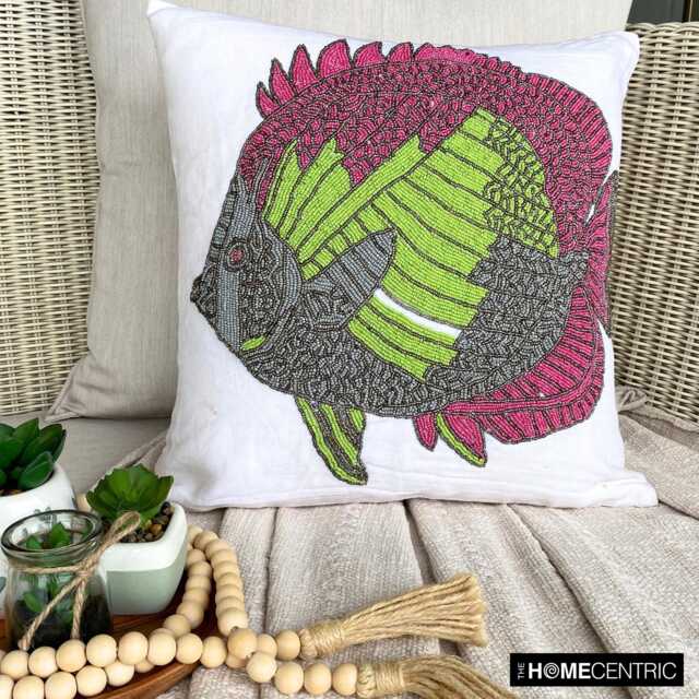 Beaded White Cotton Linen, Sea Creatures Pattern, Beach Style Throw Pillow Cover - The Fishy Way - image 1