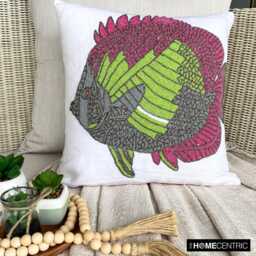 Beaded White Cotton Linen, Sea Creatures Pattern, Beach Style Throw Pillow Cover - The Fishy Way - thumbnail 1