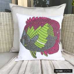 Beaded White Cotton Linen, Sea Creatures Pattern, Beach Style Throw Pillow Cover - The Fishy Way - thumbnail 2
