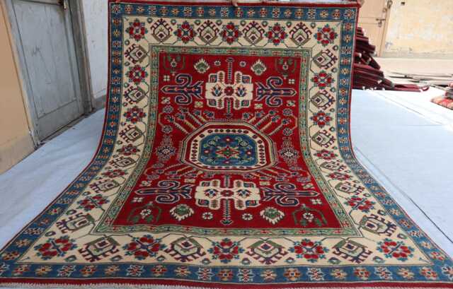 5x7 Ft New Red Luxury Afghan Area Rug, Kazak Hand Knotted Rug, Medallion Geometric Carpet, Rug For Livingroom Carpet - image 1