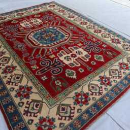 5x7 Ft New Red Luxury Afghan Area Rug, Kazak Hand Knotted Rug, Medallion Geometric Carpet, Rug For Livingroom Carpet - thumbnail 2