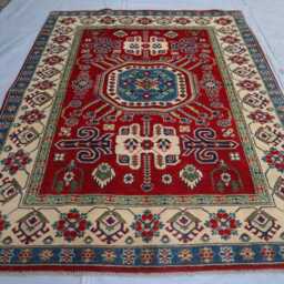 5x7 Ft New Red Luxury Afghan Area Rug, Kazak Hand Knotted Rug, Medallion Geometric Carpet, Rug For Livingroom Carpet - thumbnail 3