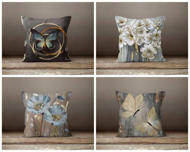 Grey Flower Cushion Cover-Decorative Pillow Case-Butterfly Case-Grey Cover-Gift For Her Cushion-Handmade Material - image 1