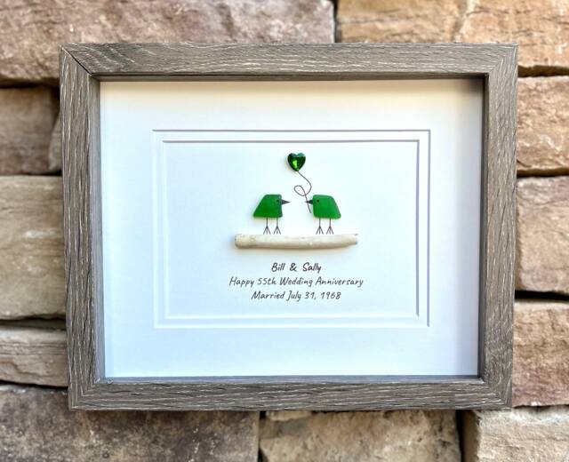 Personalized 55Th Anniversary Gift, Sea Glass Birds, Emerald Heart, Framed - image 1